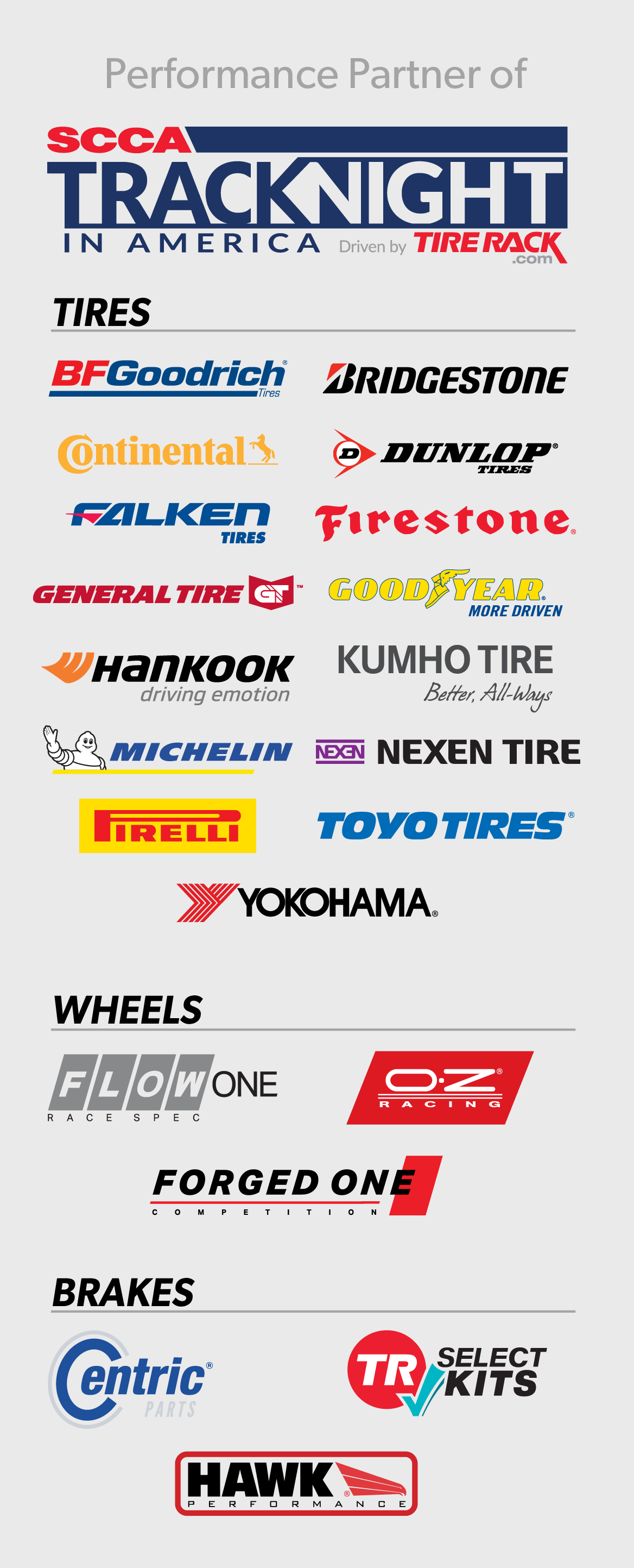 Performance Partners of Event are, BFGoodrich, Bridgestone, Continental, Dunlop, Falken, Firestone, General Tire, Goodyear, Hankook, Michelin, Pirelli, Toyo Tires,Yokohama, Flow One Racing, OZ Racing, Centric Parts, Belltech, Hawk Performance, Stop Tech, KW, ST, Eibach, TR Select Kits