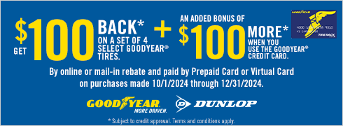 Buy a set of four and get a $100 Goodyear Visa Prepaid Card or Virtual Account.