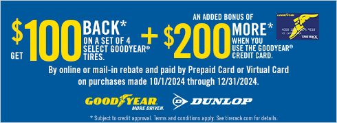 Buy a set of four and get a $100 Goodyear Visa Prepaid Card or Virtual Account.