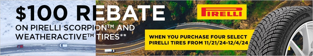 Buy 4 Pirelli Scorpion and WeatherActive Tires, Get $100 Back