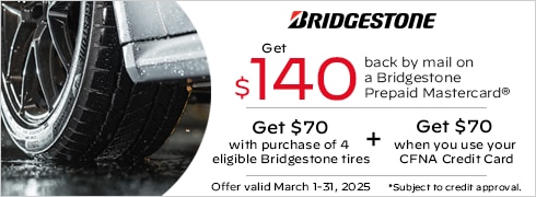 Buy a set of four and get a $70 Bridgestone Prepaid Mastercard by mail. 