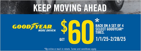 Buy a set of four and get a $60 Goodyear Visa Prepaid Card or Virtual Account.