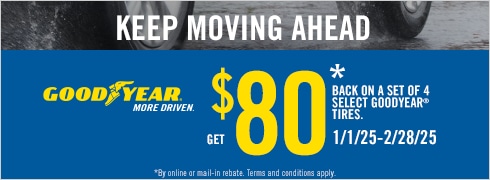 Buy a set of four and get an $80 Goodyear Visa Prepaid Card or Virtual Account.