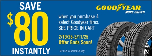 Save $80 Instantly on Four Select Goodyear Tires