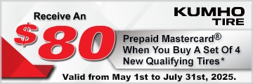 Receive an $80 Kumho Tire Prepaid Mastercard by Mail