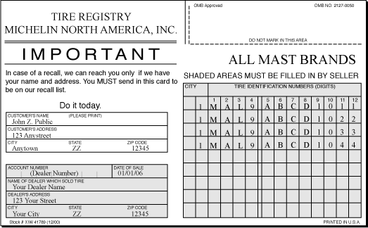 Tire Registration Card Sample